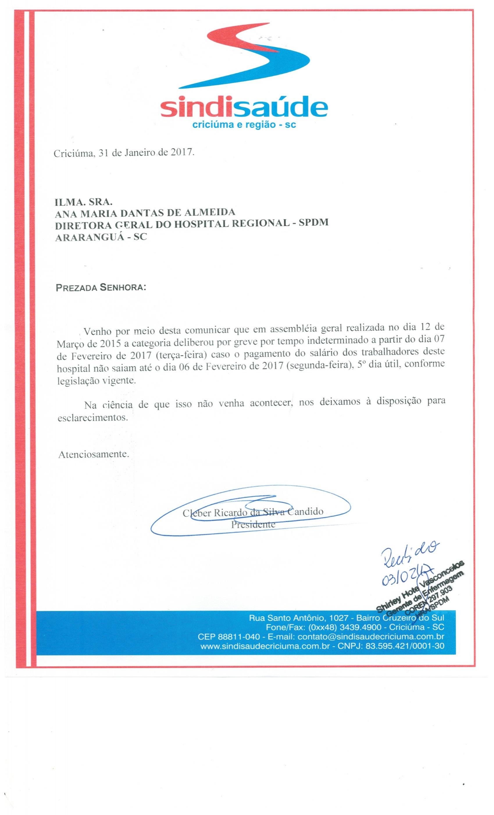 OFÍCIO COMUNICAÇÃO DE GREVE POR ATRASO DE SALÁRIOS SPDM - H.R.A.