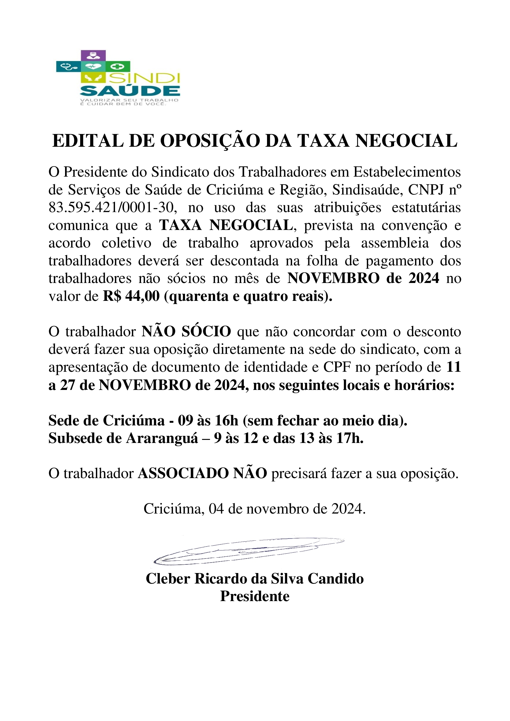 EDITAL DE OPOSIÇÃO DA TAXA NEGOCIAL