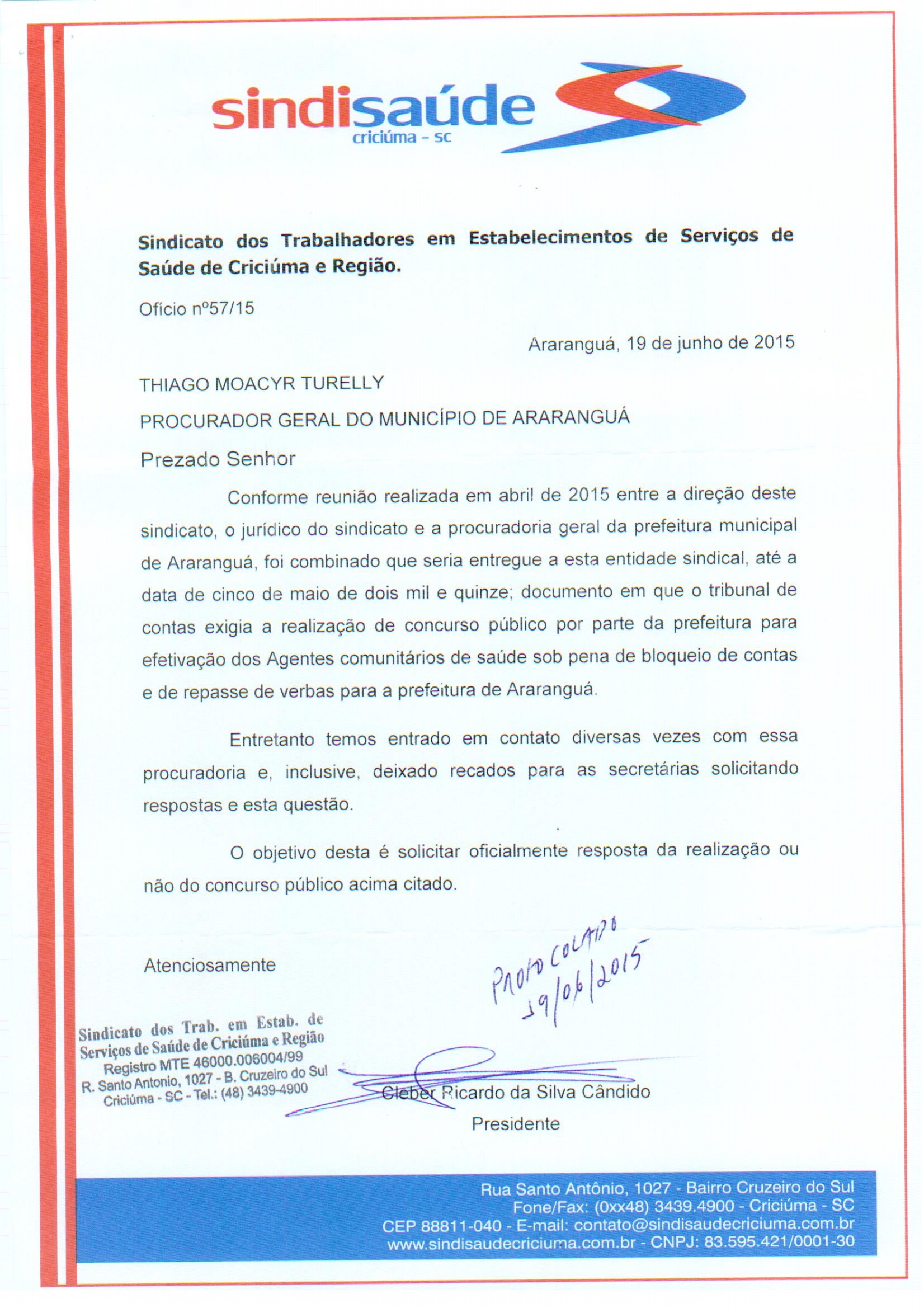 Oficio protocolado na Prefeitura de Araranguá