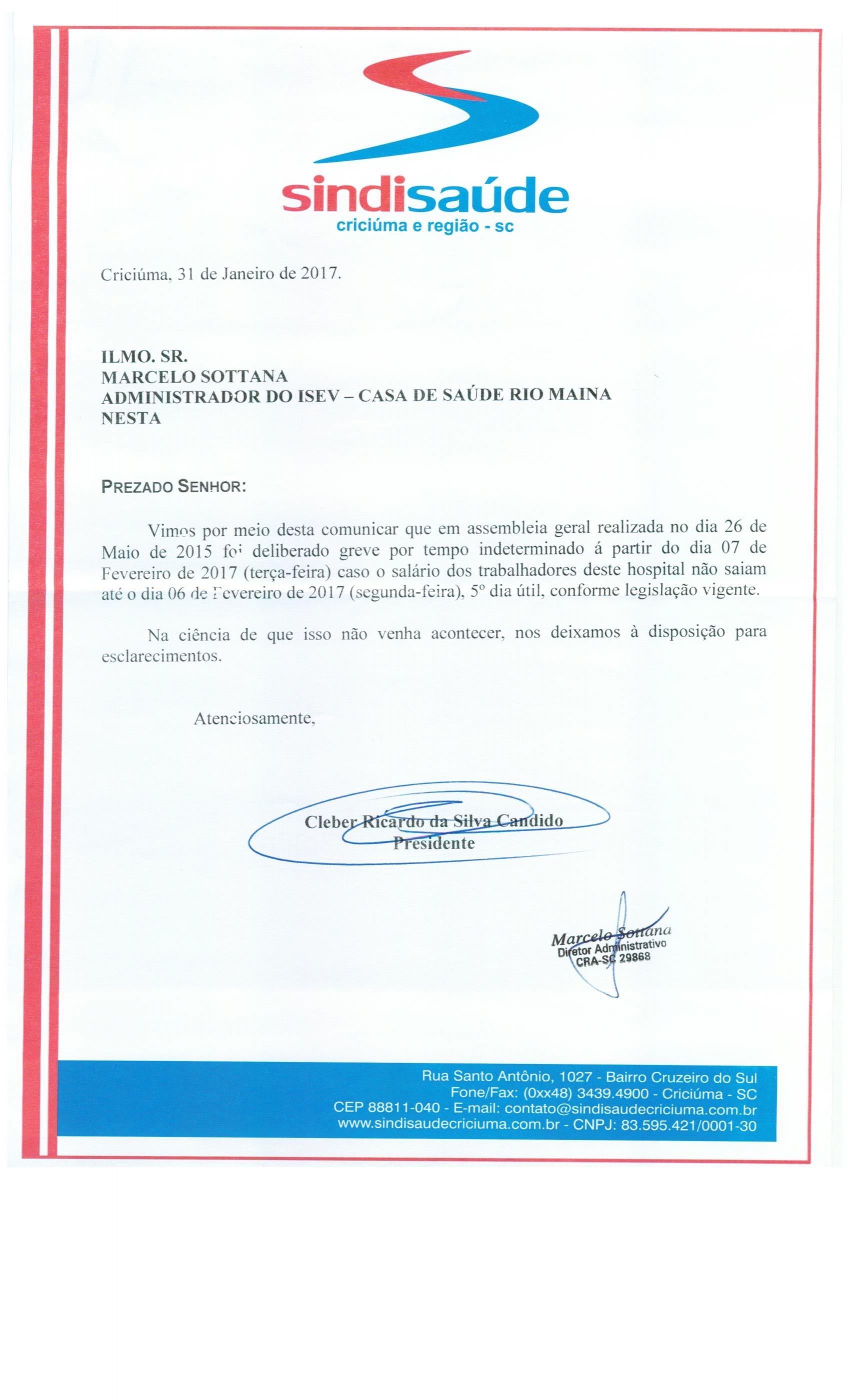 OFÍCIO COMUNICAÇÃO DE GREVE POR ATRASO DE SALÁRIOS ISEV - C.S.R.M.