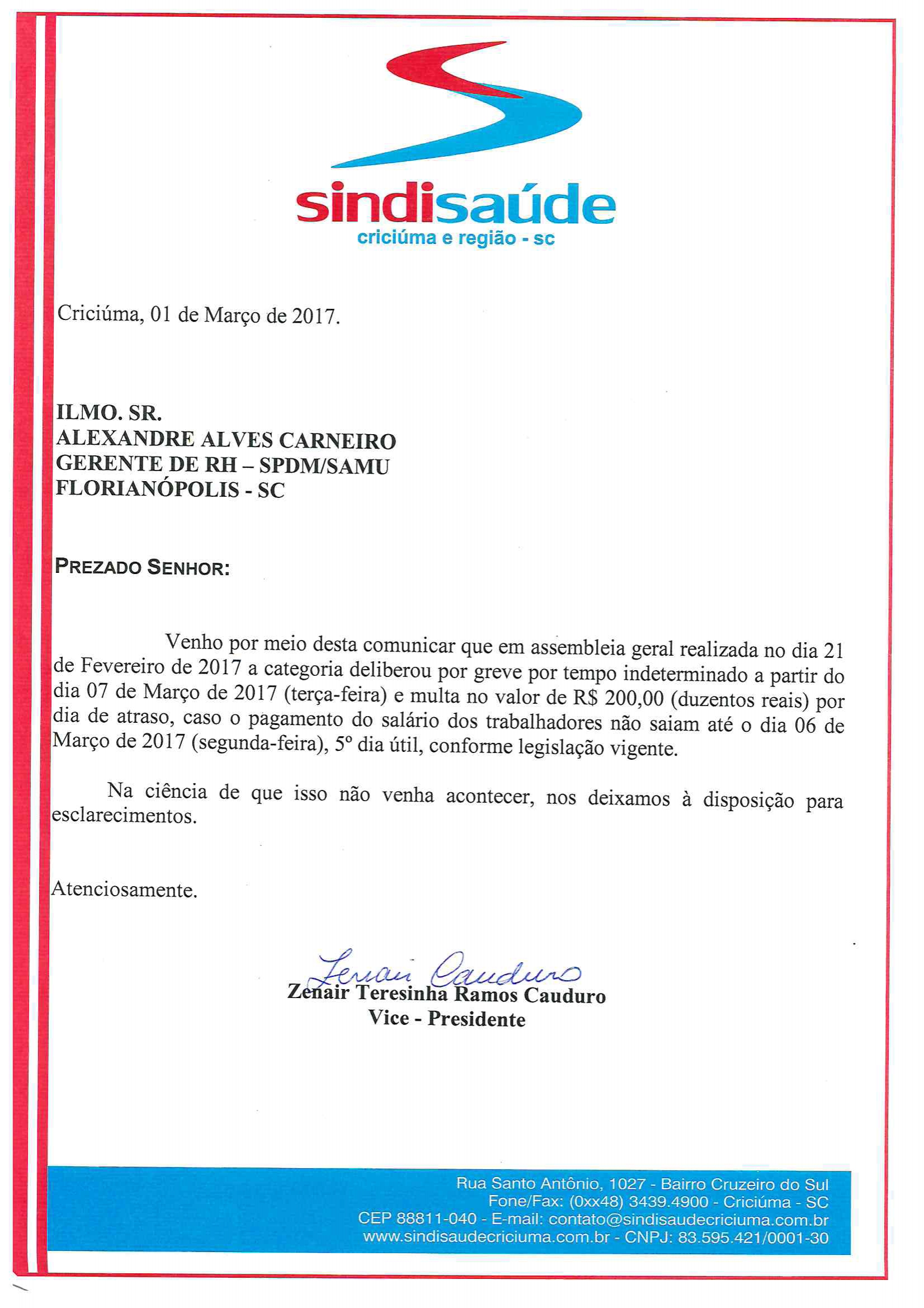OFÍCIO COMUNICAÇÃO DE GREVE POR ATRASO DE SALÁRIOS SPDM - SAMU