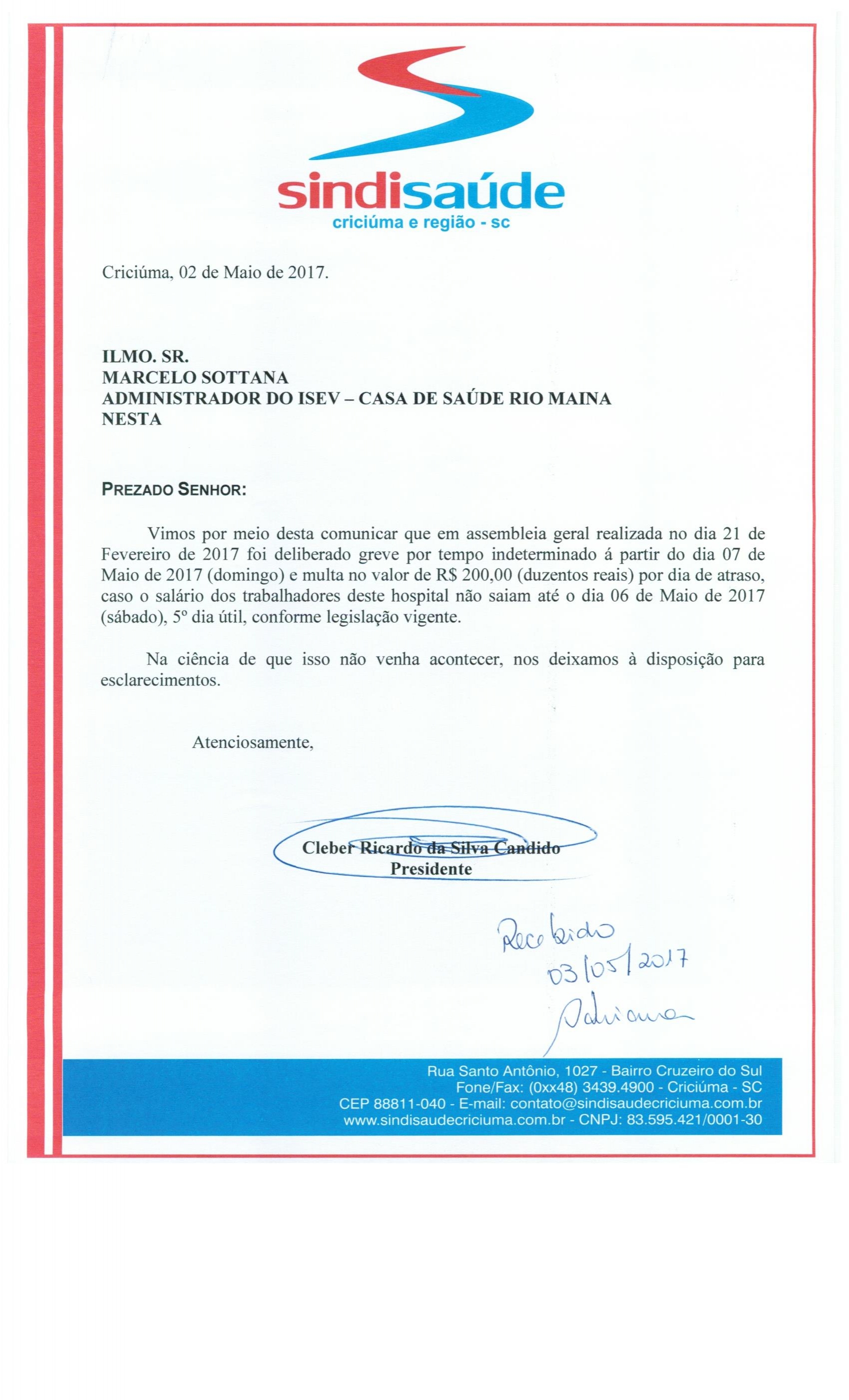 OFÍCIO COMUNICAÇÃO DE GREVE POR ATRASO DE SALÁRIOS ISEV - C.S.R.M.