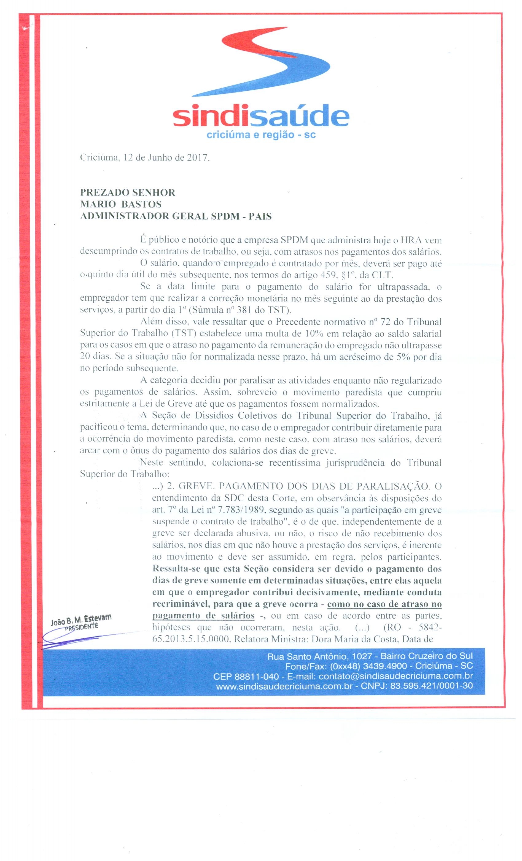 OFÍCIO ENCAMINHADO A SPDM - HOSPITAL REGIONAL DE ARARANGUÁ