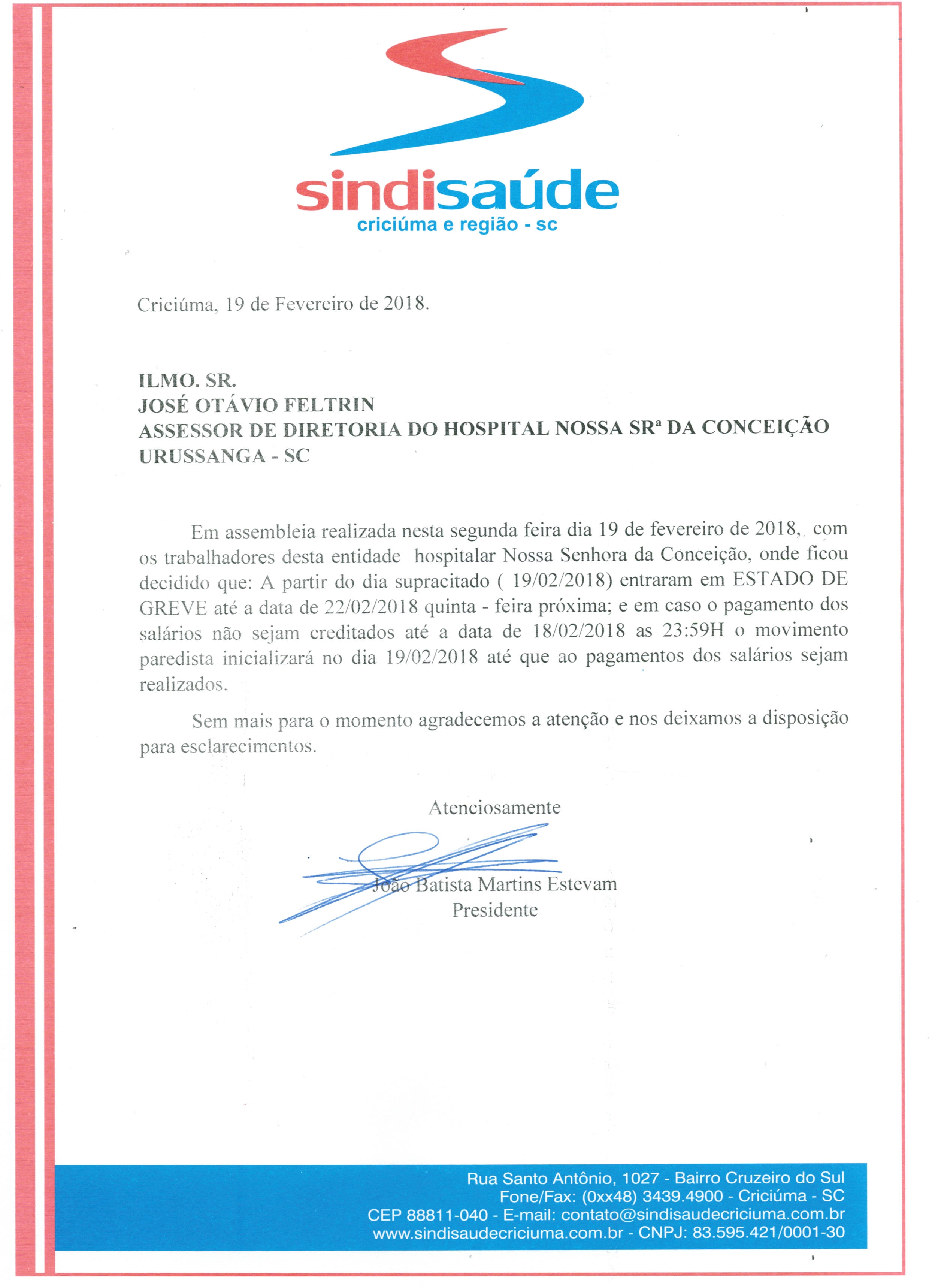 Ofício comunicação de estado de greve por atraso de pagamento de salários Hospital de Urussanga