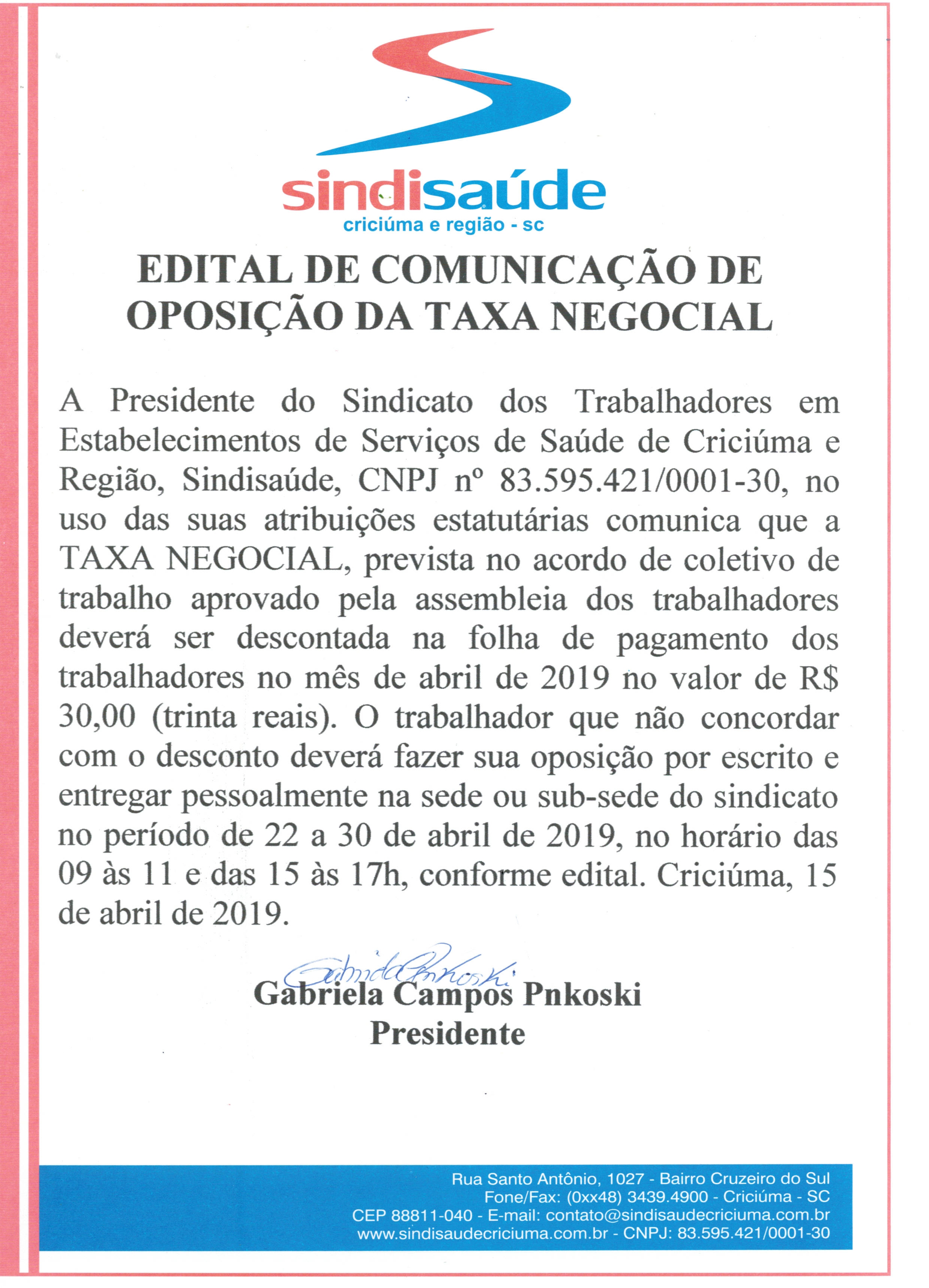EDITAL DE COMUNICAÇÃO DE OPOSIÇÃO DA TAXA NEGOCIAL 