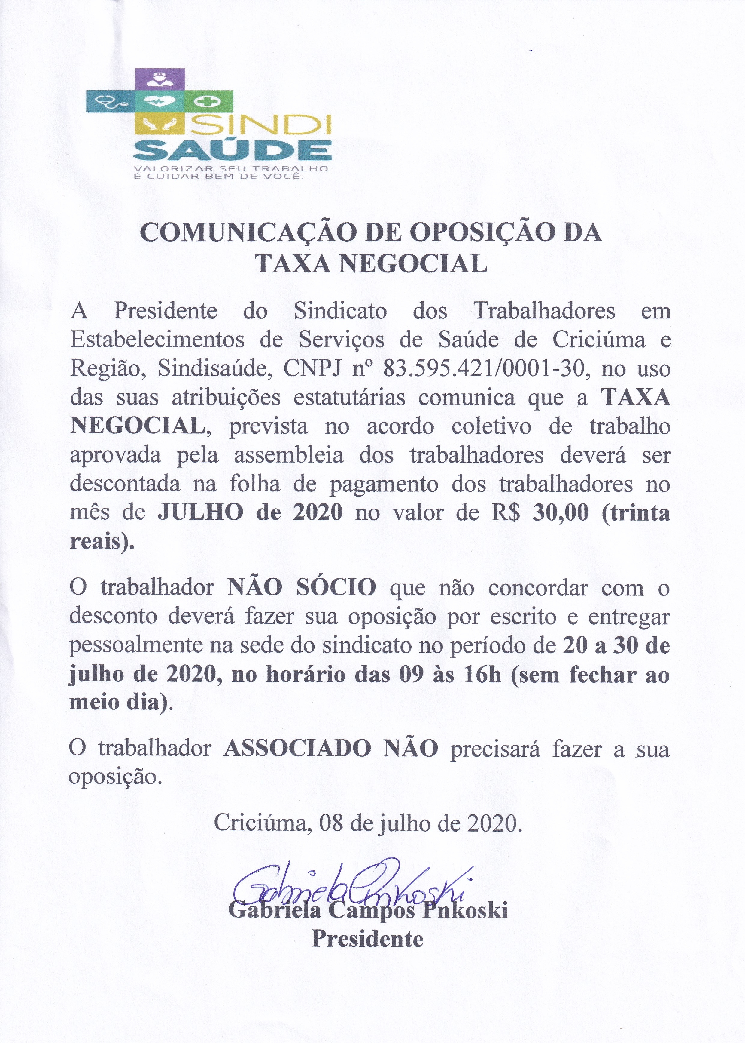 EDITAL DE OPOSIÇÃO AO DESCONTO DA TAXA NEGOCIAL JULHO DE 2020 - UNIMED