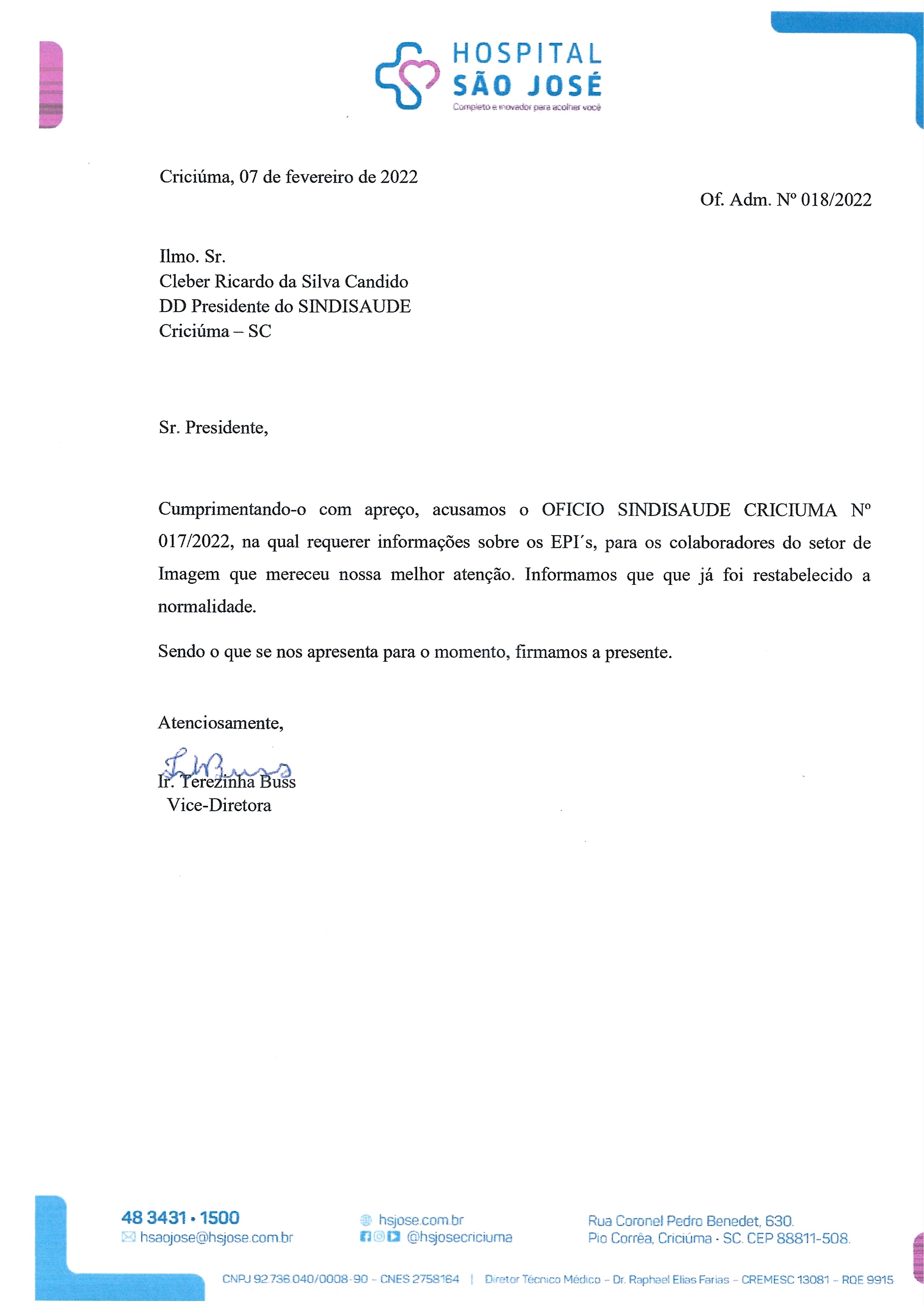 Ofício resposta Hospital São José sobre EPI's para os trabalhadores do Setor de imagem 