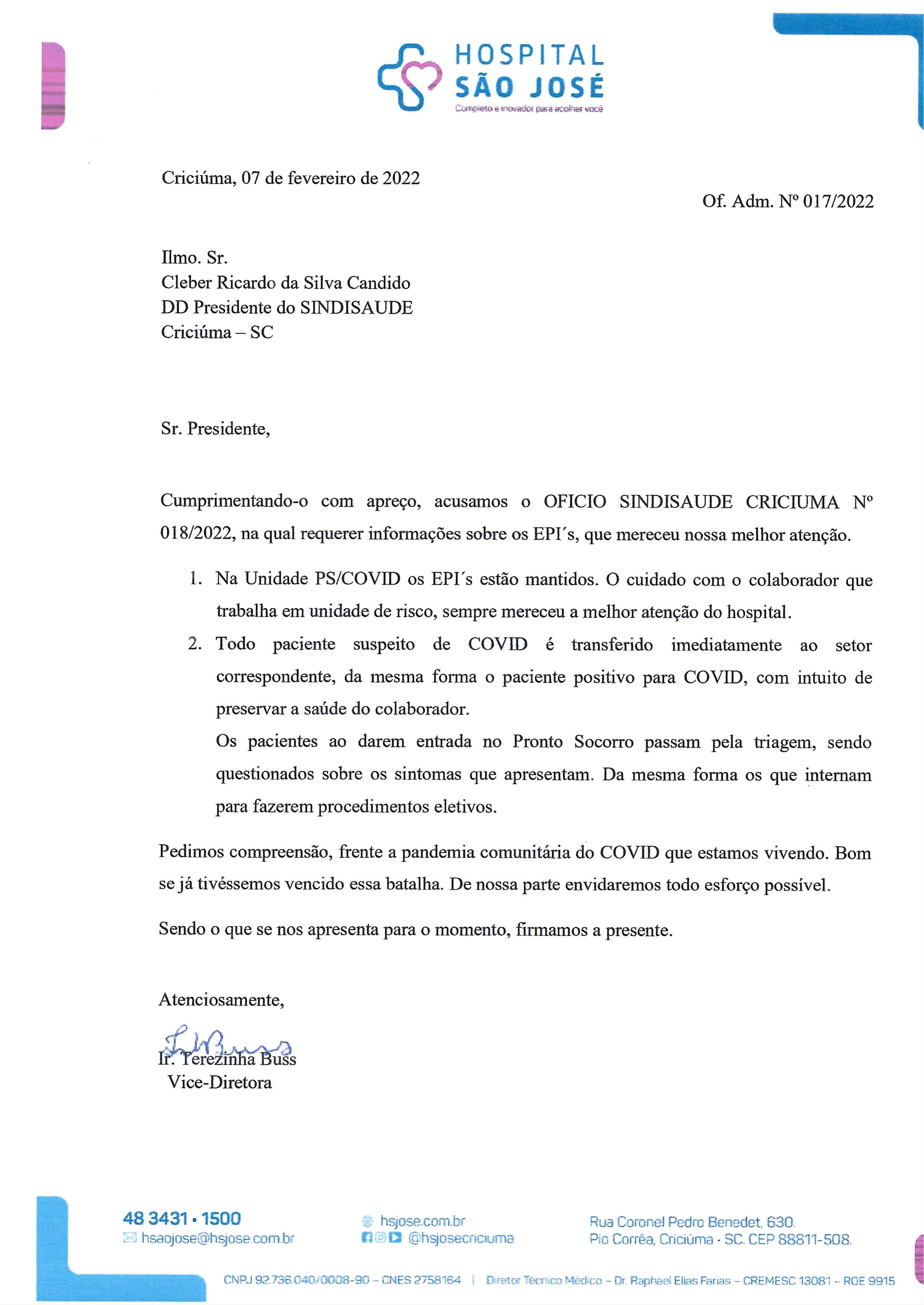 Ofício resposta Hospital São José sobre EPI's para os trabalhadores do setor PS/COVID 