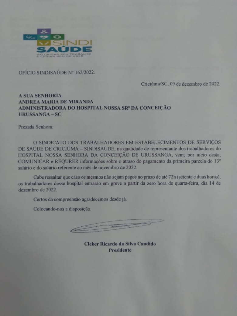Ofício encaminhado ao Hospital de Urussanga sobre atraso do pagamento da primeira parcela do 13º e salário do mês de novembro