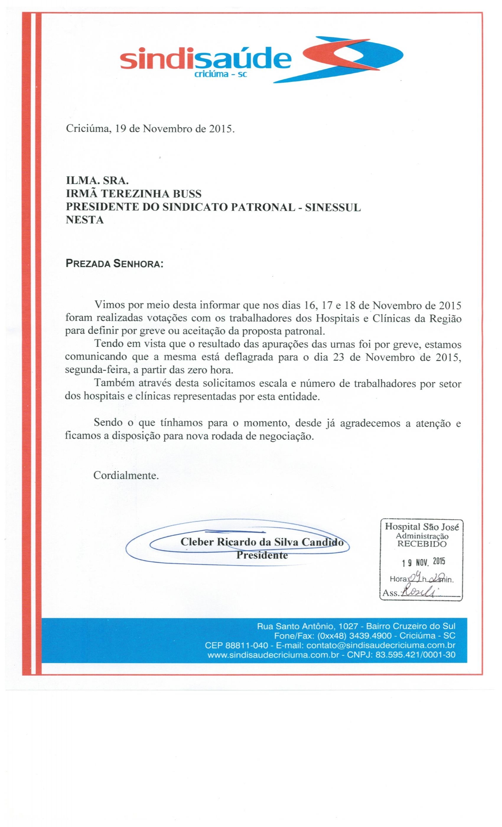 OFICIO COMUNICAÇÃO DE GREVE A PARTIR DE SEGUNDA-FEIRA DIA 23 DE OUTUBRO DE 2015