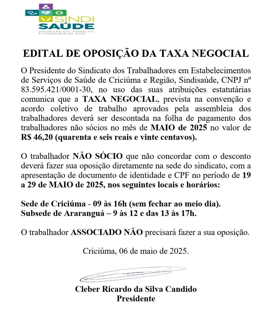 EDITAL DE OPOSIÇÃO DA TAXA NEGOCIAL