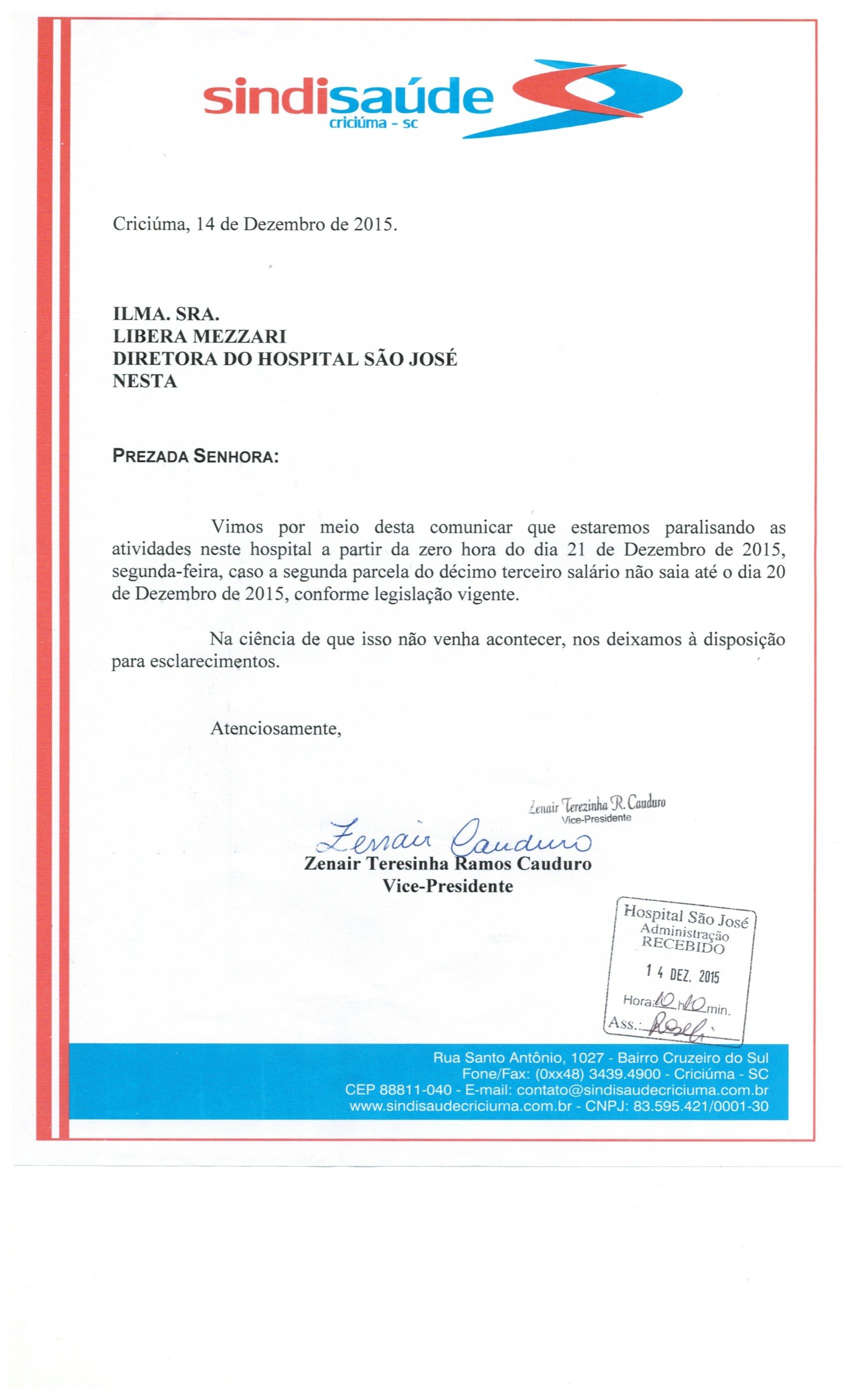 Ofício de comunicação de greve caso não seja efetuado o pag. da 2ª parc. do 13º salário até o dia 20/12/2015 - HSJ