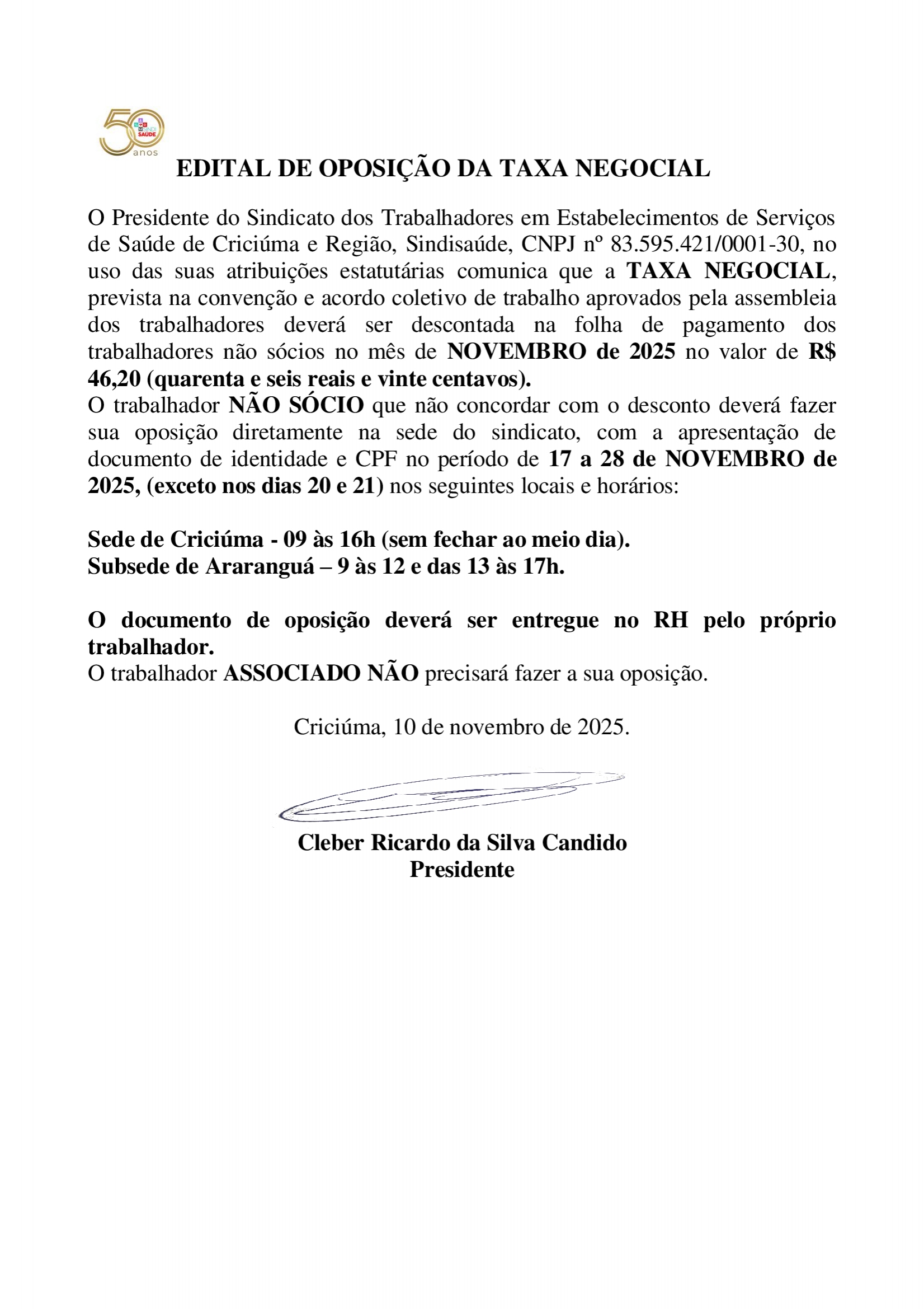 EDITAL DE OPOSIÇÃO DA TAXA NEGOCIAL