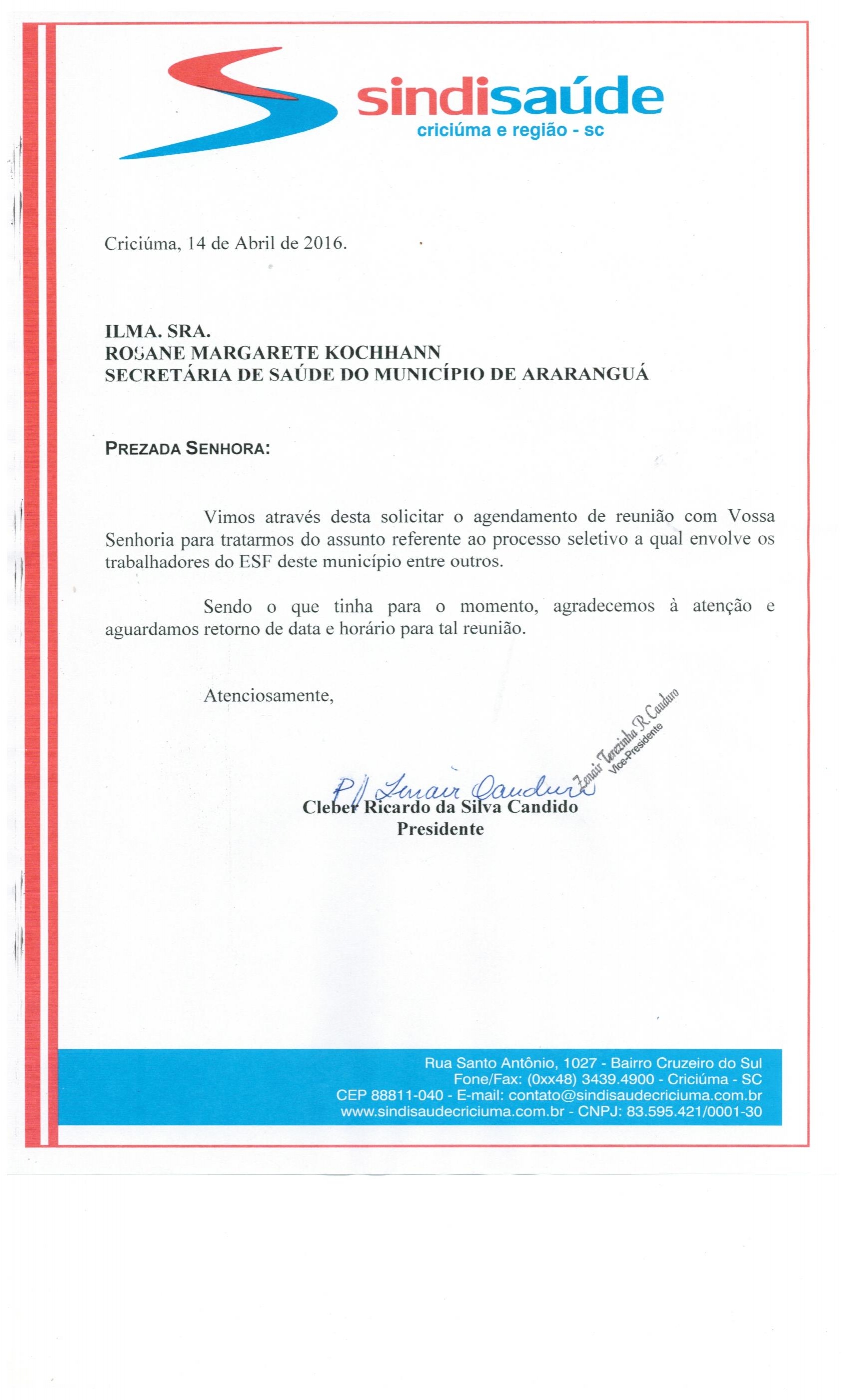 Ofício encaminhado a Secretaria de Saúde de Araranguá