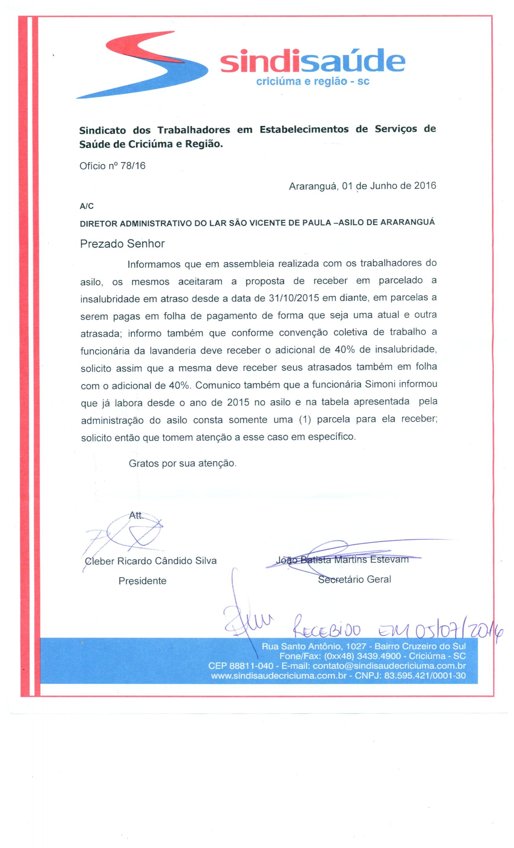 OFÍCIO ENCAMINHADO AO LAR BENEFICENTE SÃO VICENTE DE PAULA ASILO DE ARARANGUÁ