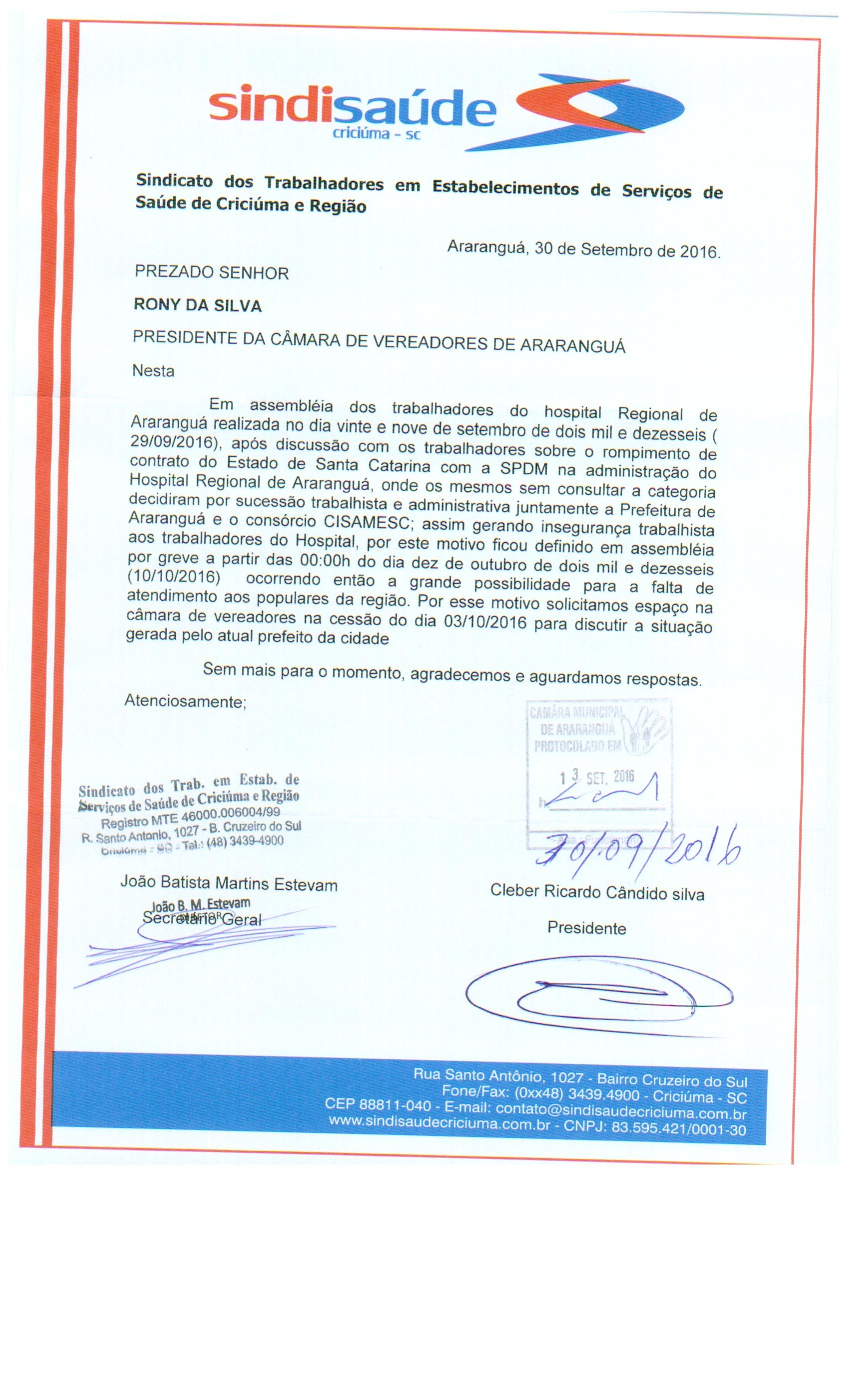 Ofício encaminhado a Câm. de Ver. de Araranguá sobre assembléia com os trabalhadores da SPDM - HRA
