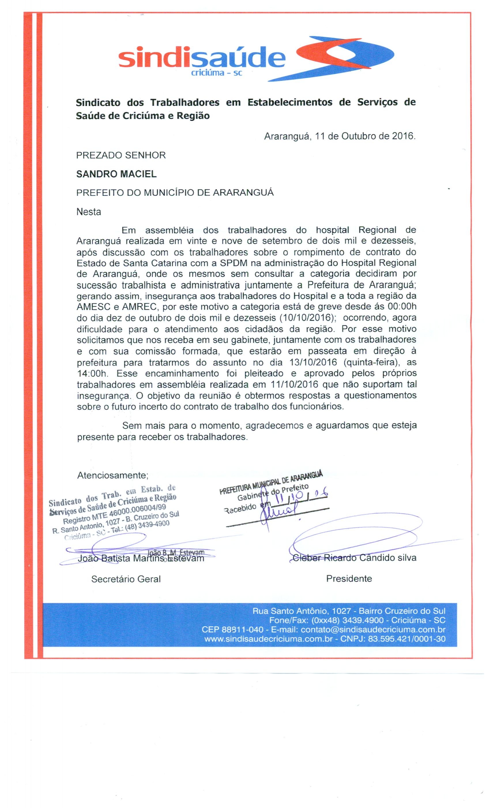 Ofício encaminhado para Sandro Maciel - Prefeito de Araranguá