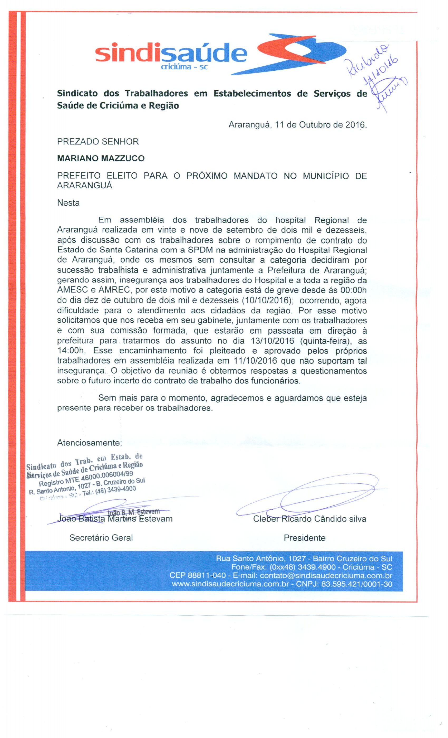 Ofício encaminhado para Mariano Mazzuco - Prefeito eleito de Araranguá